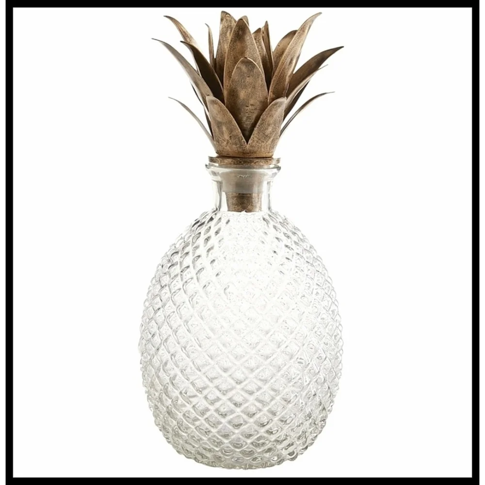 RARE Pier 1 Faceted Glass Pineapple Decanter Gilt Bronze Metal Fronds Stopper
